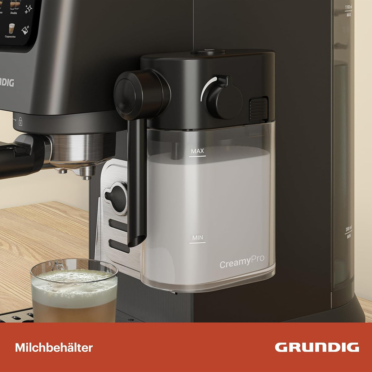 GRUNDIG KSM 5330 Siebträgermaschine mit integriertem Milchbehälter, 1628 W Leistung, 15 bar Pumpendruck, Zweifachdüse, farbiges Touch-Display, BrewSense, CreamyPro, Dark Inox/Schwarz