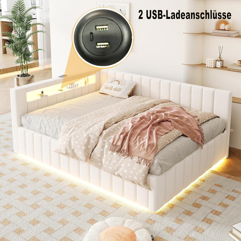 Polsterbett Schlafsofa 140x200, Doppelbett mit Hydraulischem Stauraum, mit LED-Licht und USB-Ladefunktion, Tagesbett Jugendbett mit Lattenrost, Samtstoff, ohne Matratze (Beige)