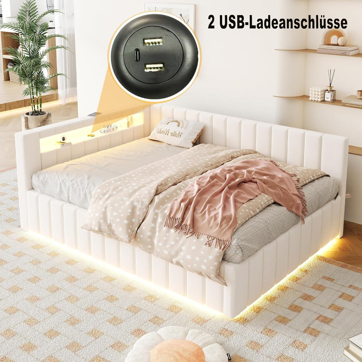 Polsterbett Schlafsofa 140x200, Doppelbett mit Hydraulischem Stauraum, mit LED-Licht und USB-Ladefunktion, Tagesbett Jugendbett mit Lattenrost, Samtstoff, ohne Matratze (Beige)