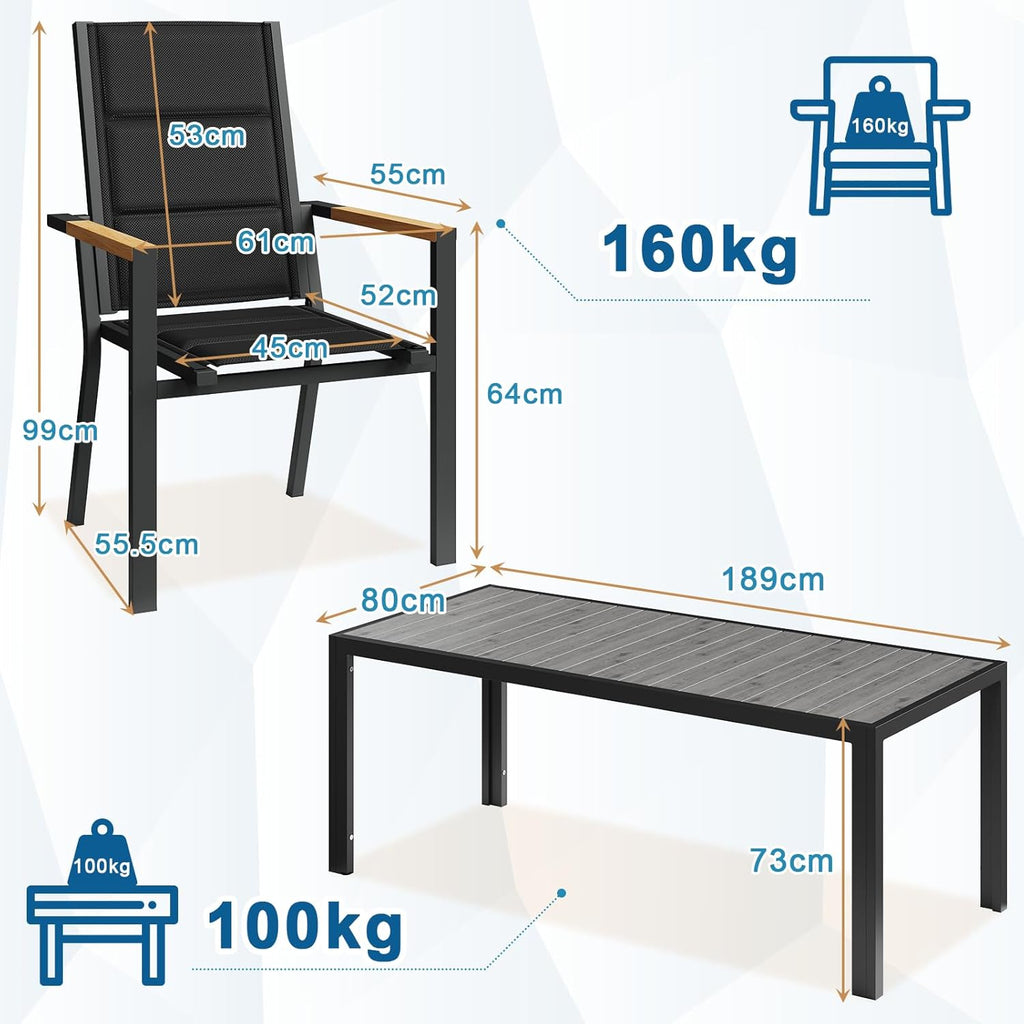 JUMMICO Gartenmöbel Set Terrassen Set Aluminium Gestell mit Holzoptik PS Tischplatte Komfortabler Hochlehner Einfach Montiert,6 Personen Set