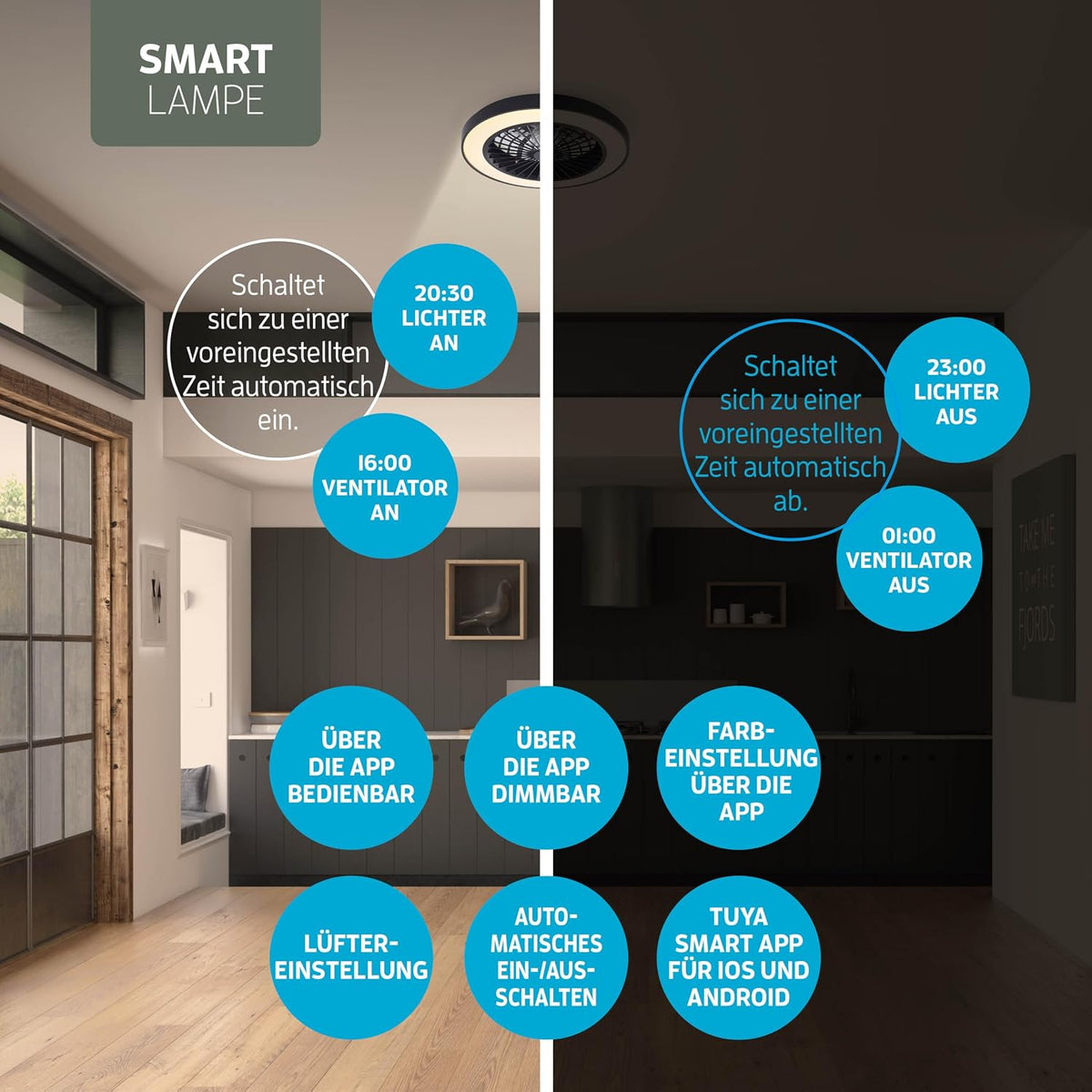 Varin® Smart Deckenventilator mit Beleuchtung, Deckenlampe mit Ventilator Schlafzimmer, Tuya WLAN, LED 30W RGBW, Ø 50 cm, Ventilator Leise, Fernbedienung, 3000K bis 6000K, Schwarz-Schwarz