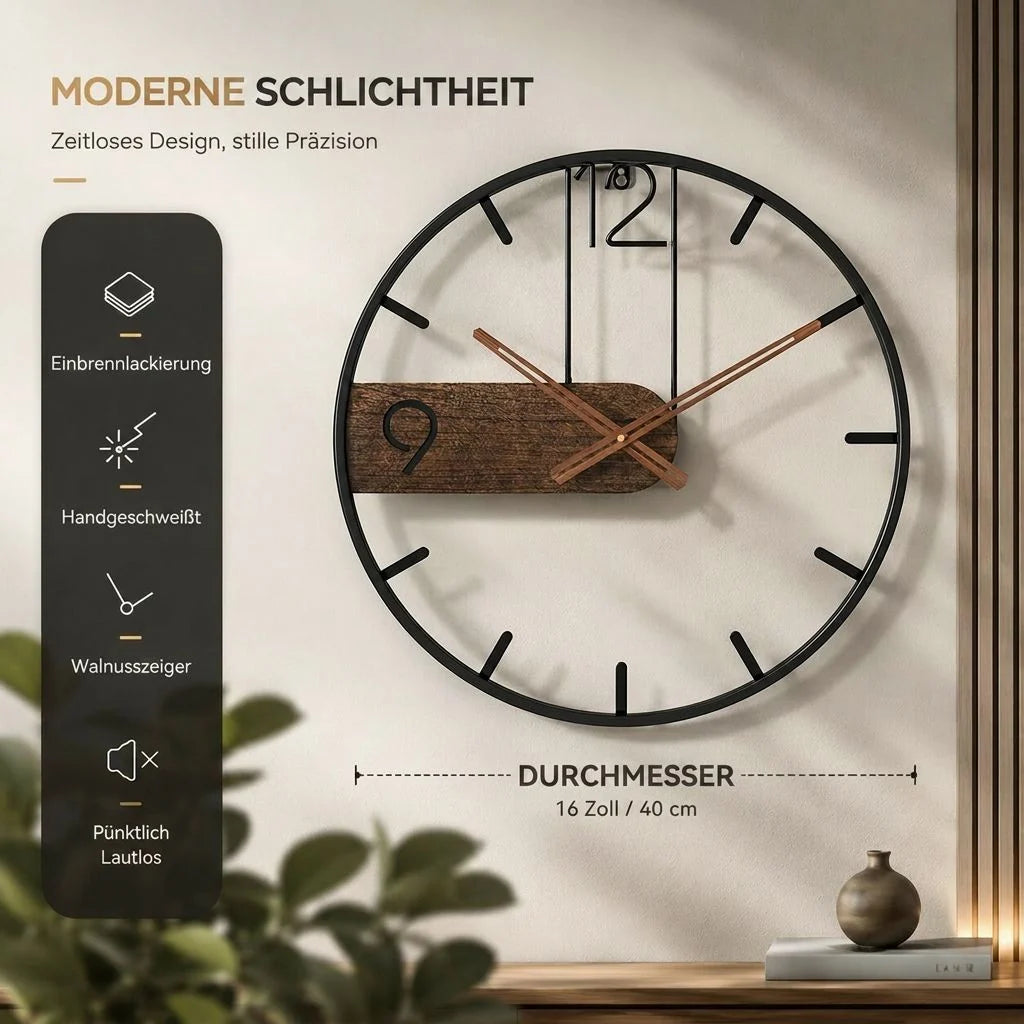 Moderne Wanduhr aus Edelstahl und Walnussholz | Walnchron