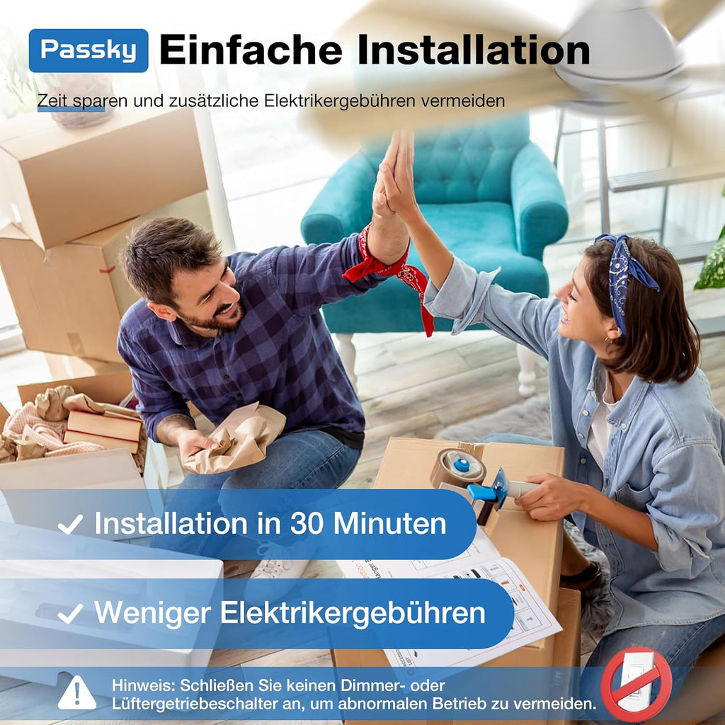 Passky 107cm Deckenventilator mit Beleuchtung & Fernbedienung, leiser DC-Motor, 6 Geschwindigkeiten, Dimmbare LED-Leuchte, 3 Farbtemperaturen, Weiß