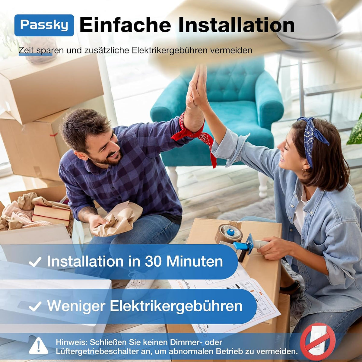 Passky 107cm Deckenventilator mit Beleuchtung & Fernbedienung, leiser DC-Motor, 6 Geschwindigkeiten, Dimmbare LED-Leuchte, 3 Farbtemperaturen, Weiß