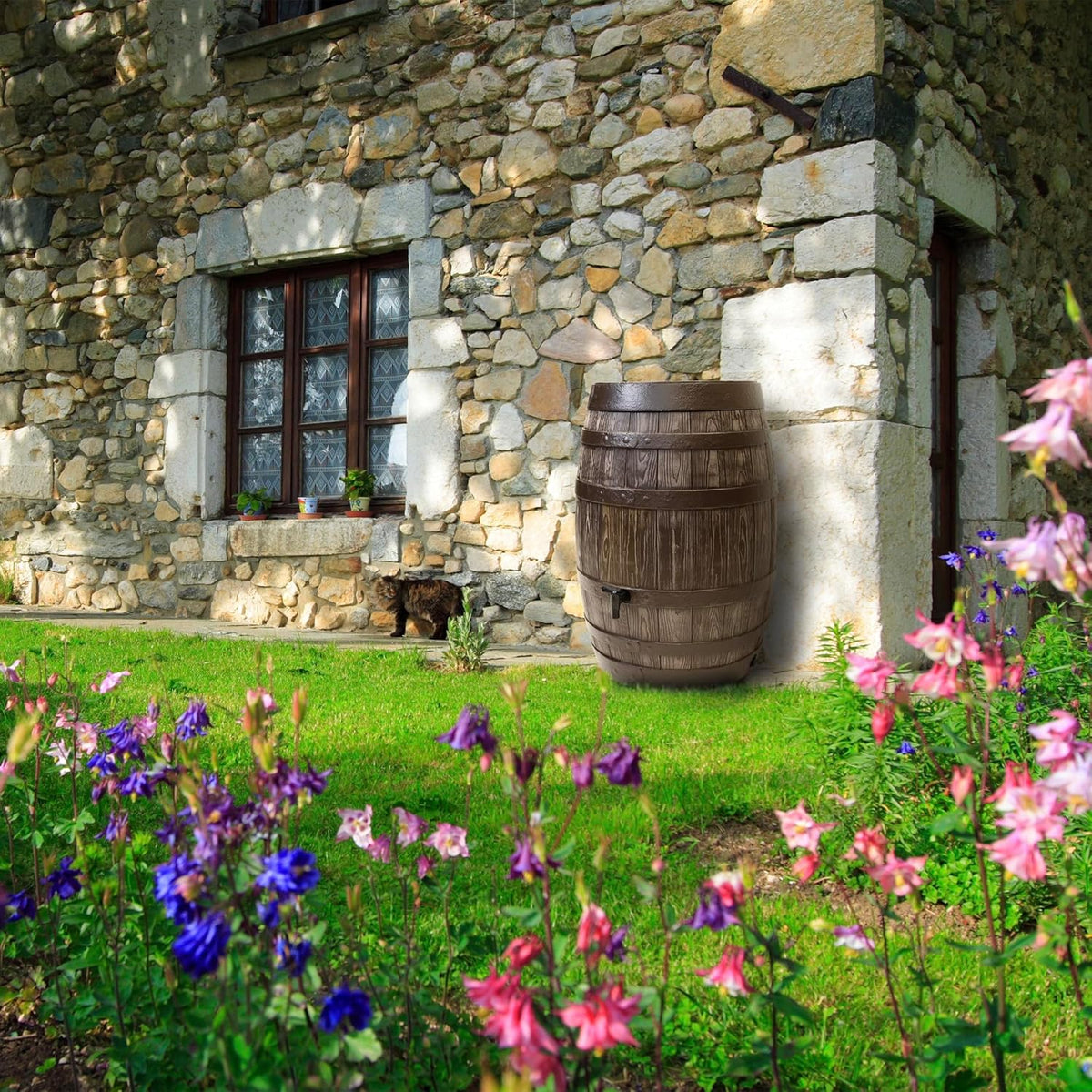 YourCasa Regentonne 250 Liter [Barrel] mit windsicherem Deckel - Regenfass Frostsicher aus Kunststoff in Holzoptik - Regenwassertonne - Regenwassertank Garten - Holz Weinfass Wasserfass Holzfass