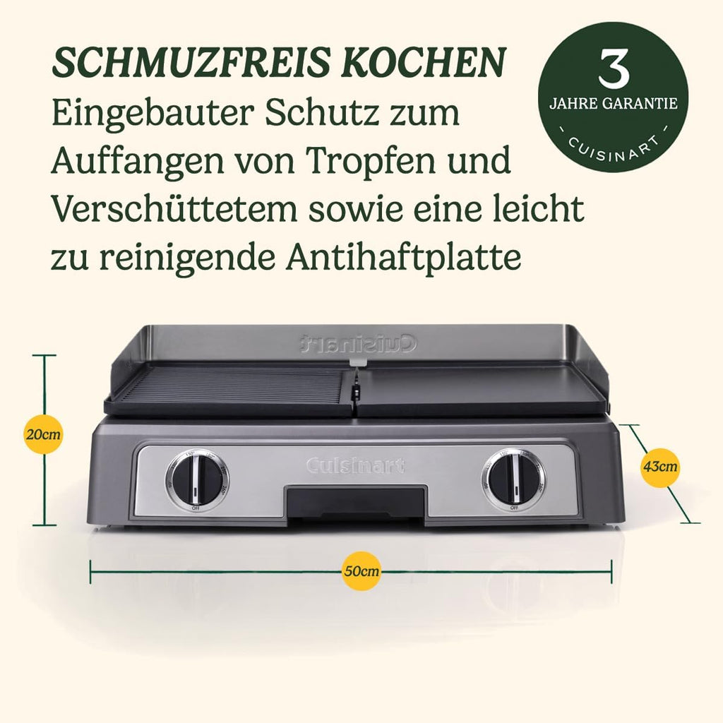 Cuisinart Hot Plate Entertaining Grill & Griddle | XL Elektrischer Plancha Grill, Teppanyaki Grillplatte für zu Hause | Antihaftbeschichtete abnehmbare Platte, 2-Zonen-Temperaturregelung bis zu 260°C