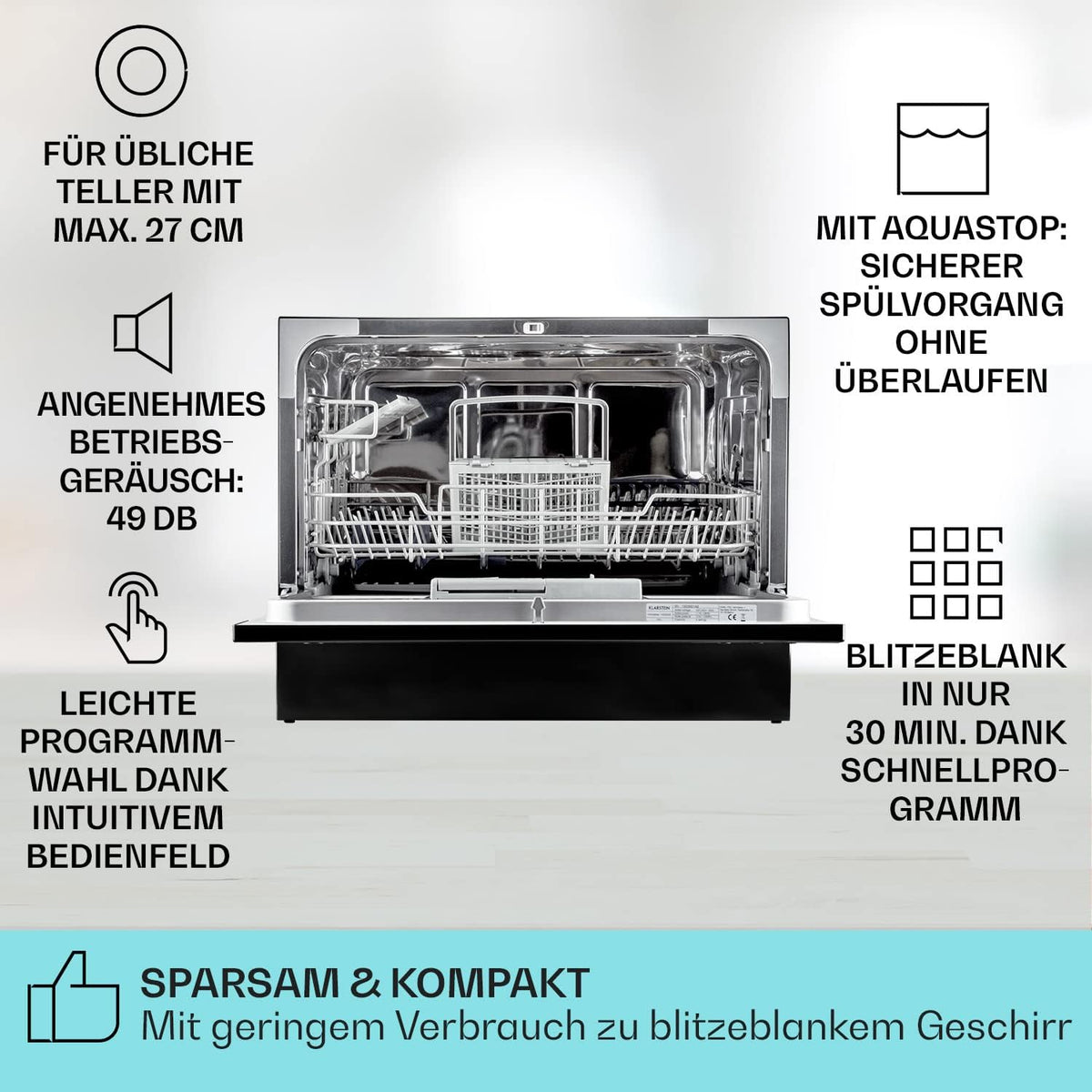 Klarstein ia 8 - Spülmaschine, Geschirrspüler, Freistehend, Teilintegriert, F, 55 cm breit, 8 Maßgedecke, 6 Programme, Aquastop, silber