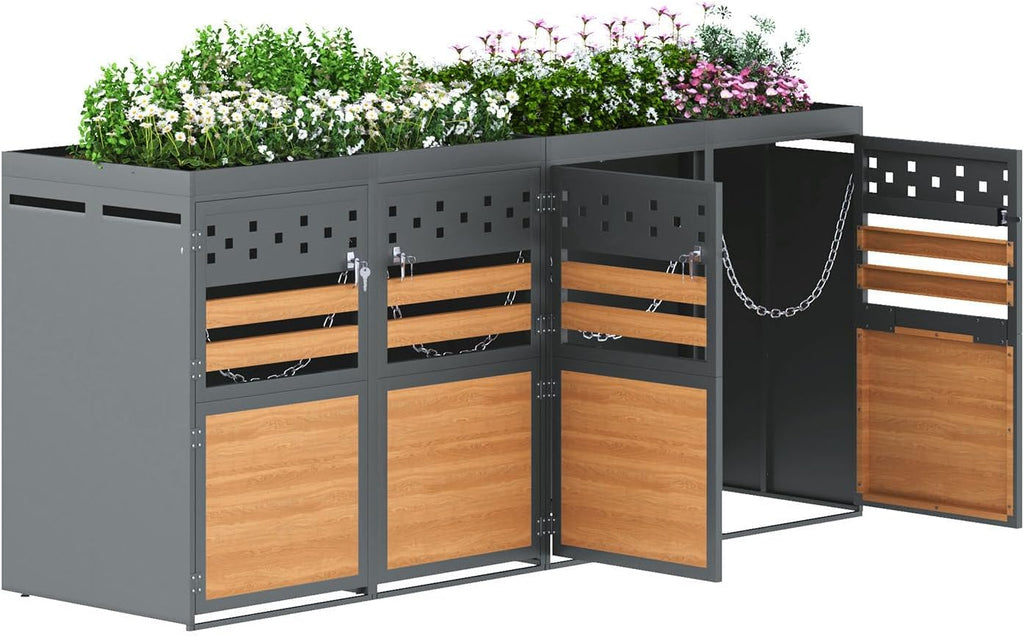 Mülltonnenbox 4er, Mülltonnenverkleidung mit Pflanzdach für Mülleimer 120-240 Liter, Abschließbar Türen, Rostfrei Verzinkter Stahl Garten Müllbox Aufbewahrungsbox, Anthrazit, 264 x 80 x 125cm