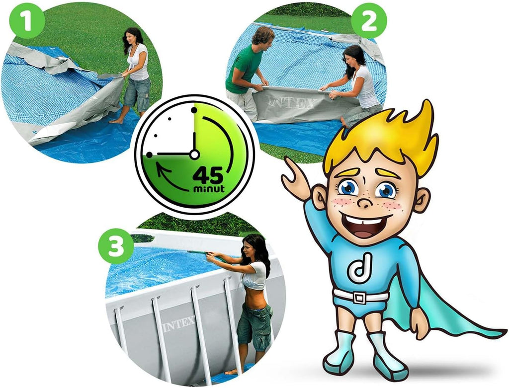 INTEX "PrismFrame" Pool rechteckig Aufstellpool Komplettset (400 x 200 x 100 cm) inkl. 12V Filterpumpe & Sicherheitsleiter Familienpool Swimmingpool Volumen ca 6.836l, blau (26788GN)