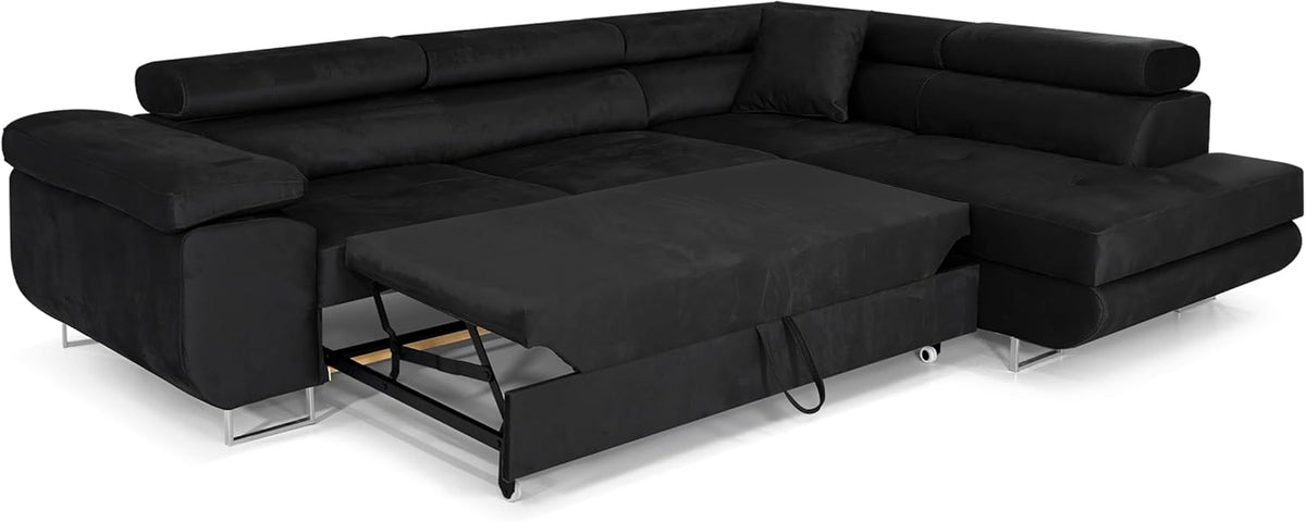 Ecksofa mit Schlaffunktion PASTI L-Form, Sofa Couch mit Bettkasten, 3-Sitzer Eckcouch, Schlafsofa für Wohnzimmer, Big Sofa Couch mit Schlaffunktion (Schwarz, Ottomane Rechts)