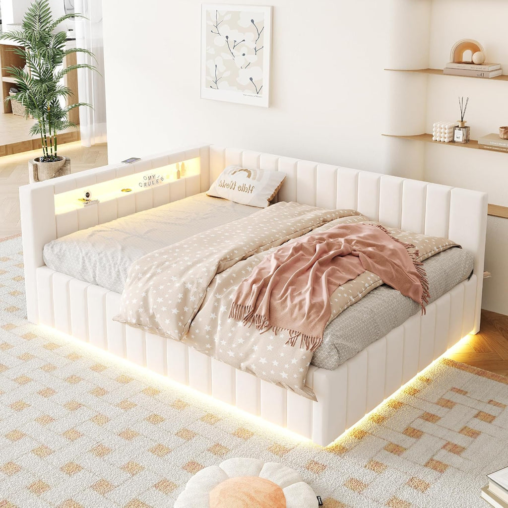 Polsterbett Schlafsofa 140x200, Doppelbett mit Hydraulischem Stauraum, mit LED-Licht und USB-Ladefunktion, Tagesbett Jugendbett mit Lattenrost, Samtstoff, ohne Matratze (Beige)