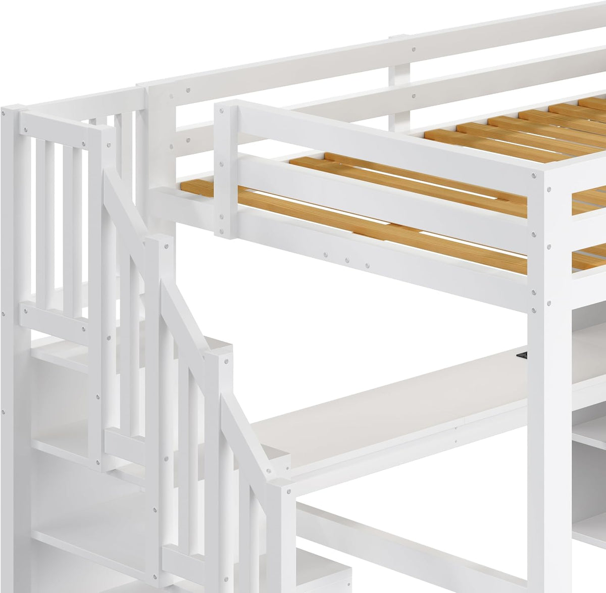 140x200 Hochbett mit Schreibtisch und Regal, Kleiderschrank, Stauraumtreppe, USB und LED-Leuchten, Weiß