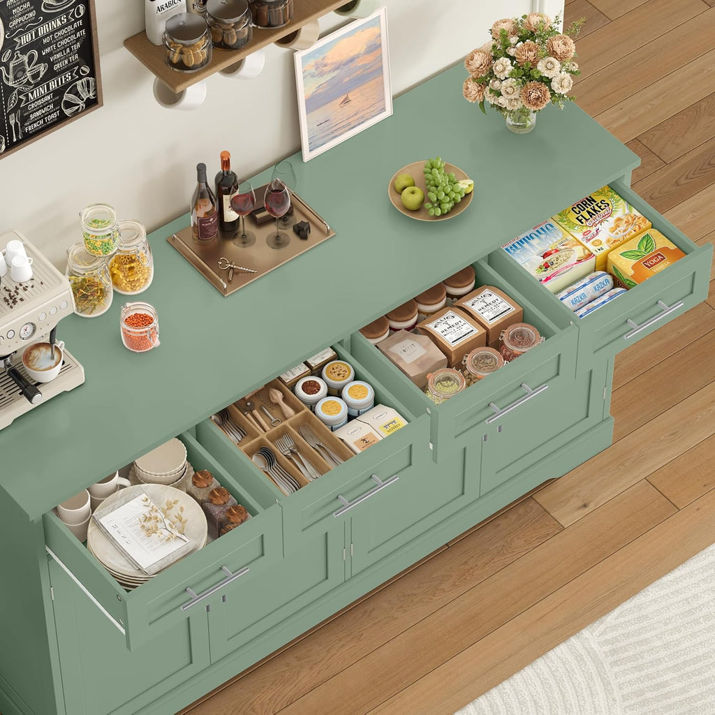 HOCSOK Sideboard, 150cm Breit Küchenschrank mit Arbeitsplatte, Kommode Küche mit 4 Türen und 4 Schubladen, Küchenbuffet Buffetschrank Anrichte mit Griffen für Wohnzimmer Küche Esszimmer