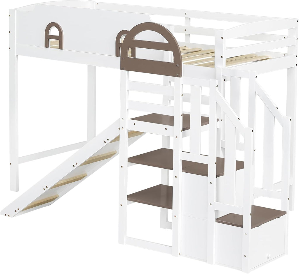 Etagenbett 90x200 cm, Kinderbett Mit Rutsche, Stauraumbett mit 2 Schließfächer in der Treppe, Mit Offenes Regal, mit Fenster, Rausfallschutz Geländer, Kiefer, Weiß+Braun (Ohne Matratze)