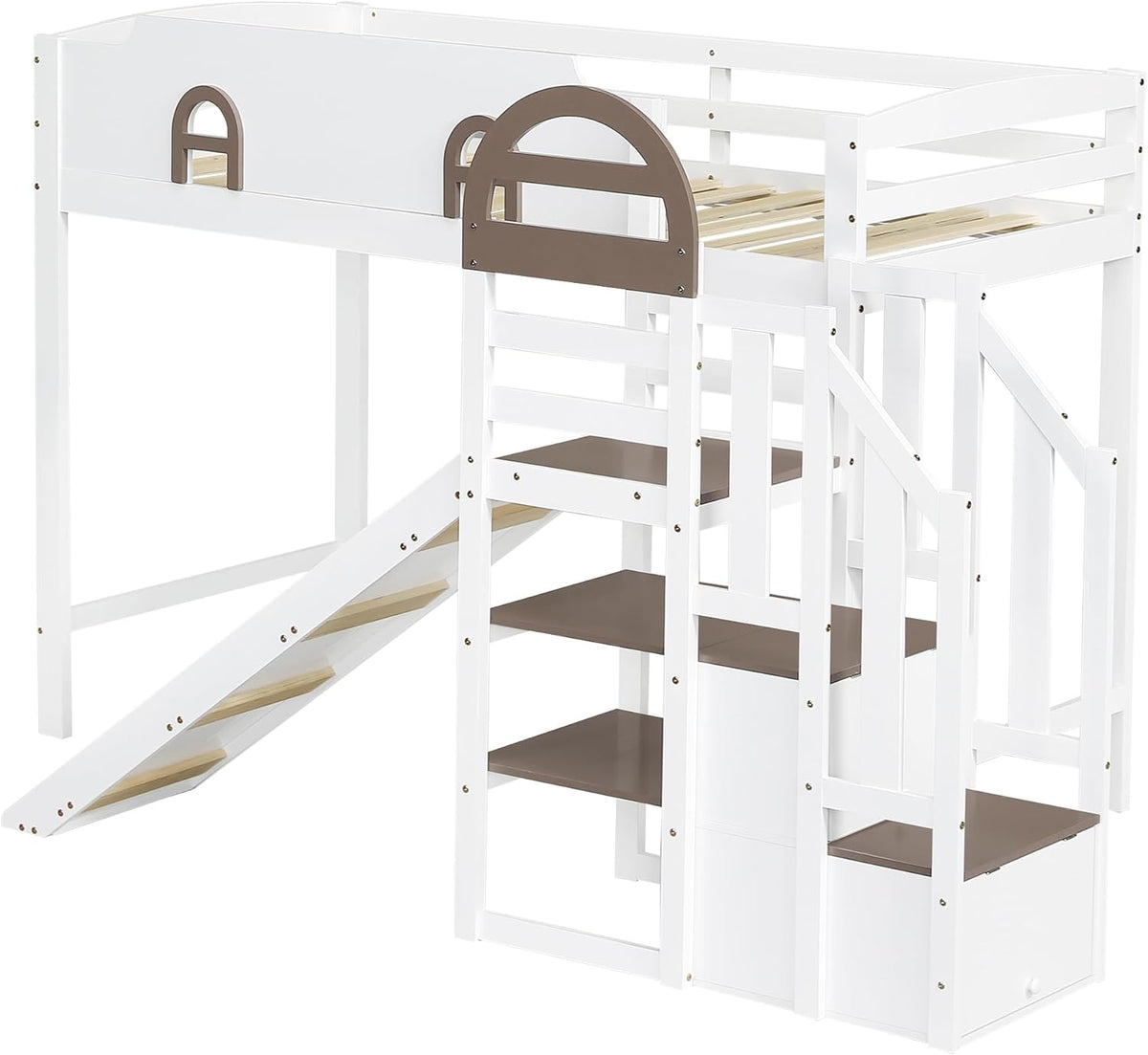 Etagenbett 90x200 cm, Kinderbett Mit Rutsche, Stauraumbett mit 2 Schließfächer in der Treppe, Mit Offenes Regal, mit Fenster, Rausfallschutz Geländer, Kiefer, Weiß+Braun (Ohne Matratze)