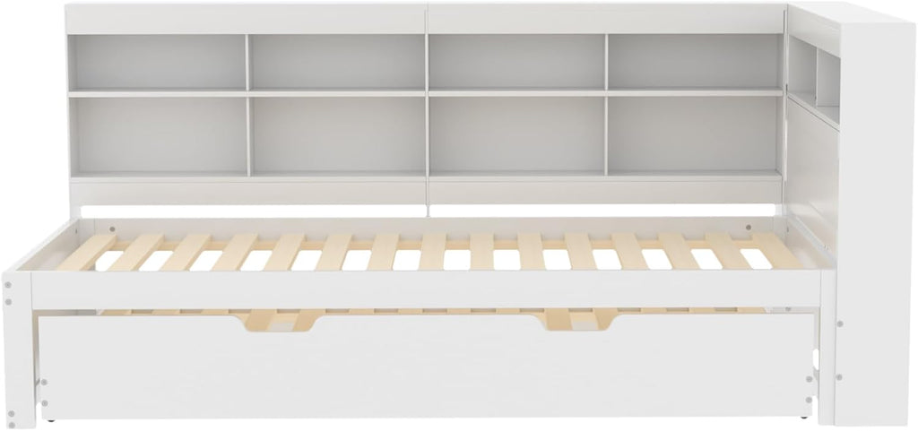 Plattformbett mit Ausziehbett 90x200cm(90x190cm), Ausziehbares Schlafsofa Tagesbett mit Bücherregal & USB Ladefunktion, Multifunktionsbett Gästebett Daybett Kinderbett Jugendbett, Ohne Matratze, Weiß