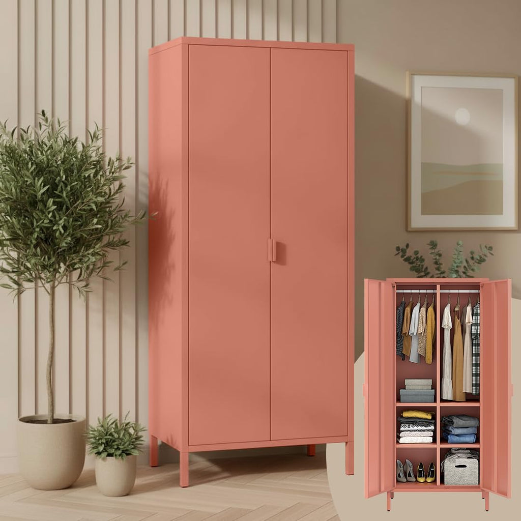 skølm Ituri Metallschrank Terrakotta – Kleiderschrank mit 6 Fächern & 2 Kleiderstangen – Garderobenschrank Flur 80 cm breit – Schlafzimmerschrank Industrial Style – Stahlschrank für Wohnzimmer & Büro