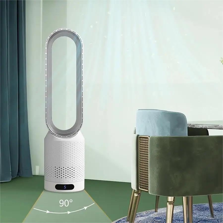 Ventilator ohne Schaufel, leiser Säulenventilator, 90° Oszillation und 8 Geschwindigkeitsstufen, Ventilator ohne Flügel, mit Fernbedienung und Touchscreen, Luftreinigung, für Schlafzimmer (blau)