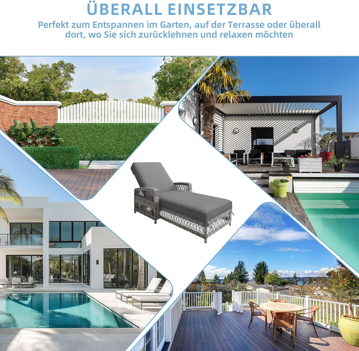 Ball & Cast Gartenliege 2 Personen aus Rattan, Liege mit 4-Fach Verstellbarer Rückenlehne und Bequemer Auflage, 2er Set, 192 x 70 x 83 cm, Grau
