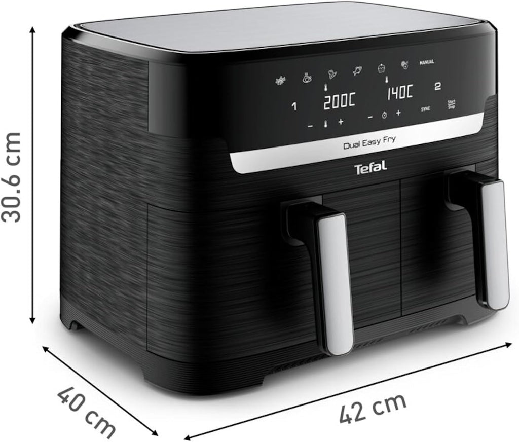 Tefal Dual Easy Fry Heißluftfritteuse Doppelkammer, 5,2/3,1 L Fassungsvermögen, zwei unabhängige Schubladen, 7 automatische Programme, energiesparend, schwarz, EY9018