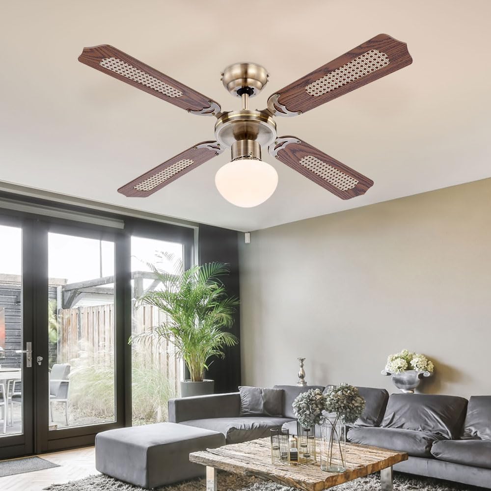 LED Deckenventilator mit Zugschalter Ventilatorlampe Decke 3 Stufen Ventilator Deckenleuchte, Vor-Rücklauf, Eiche Geflecht Glas Altmessing, 1x LED 9W 810Lm, D 106,6 cm