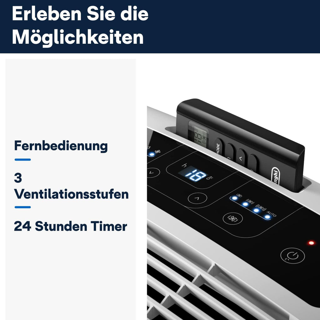 De'Longhi Pinguino - 3-in-1 Mobiles Klimagerät, für Räume bis 27 m², mit Luftentfeuchter & Ventilator, 9400 BTU, Leiser Betrieb, Fernbedienung, 24h-Timer, Energieeffizienzklasse A (PACEM82)