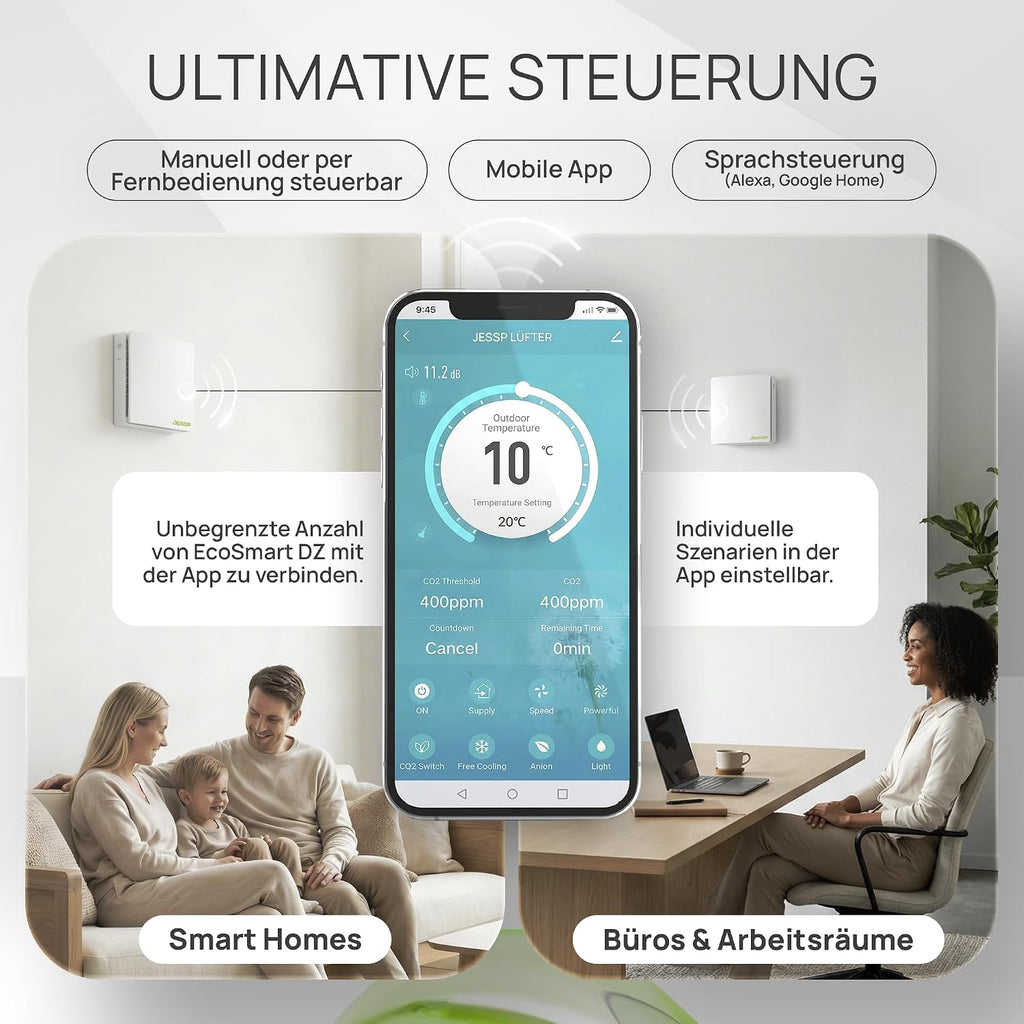 Eco Smart DZWR – Lüfter mit CO₂-Steuerung - Dezentrale Wohnraumlüftung mit Wärmerückgewinnung – F7 Filter & 97% Wärmerückgewinnung – Lüftungssystem 160 mm – 60 m³/h – WLAN & App