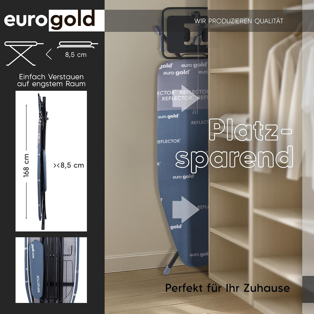 EUROGOLD Bügelbrett für Dampfbügelstation 130x48 cm – Bügelbrett XXL mit Steckdose, höhenverstellbarer Bügeltisch klappbar, mit Ärmelbrett & Bügeleisenablage, Reflektor-Bezug (Sydney Grey)