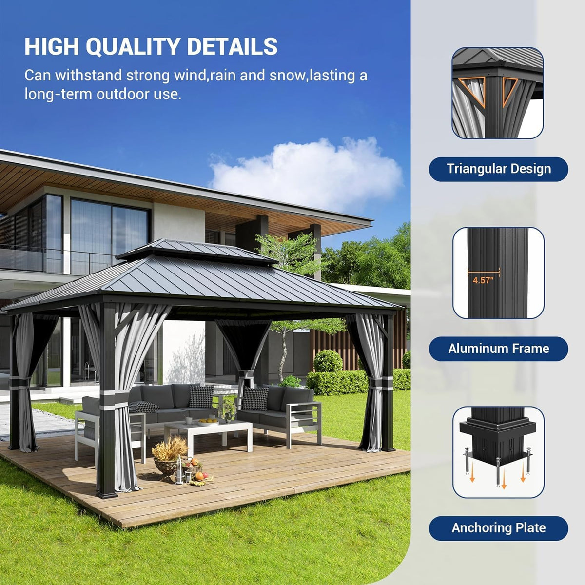 Amopatio 3.65 x 4.85 m Gartenpavillon Wasserdicht Stabil Winterfest Hardtop Pavillon, Verzinkter Stahl Doppeldach Aluminium Pavillon mit Moskitonetz und Vorhänge für Garten, Terrasse, Rasen, Grau