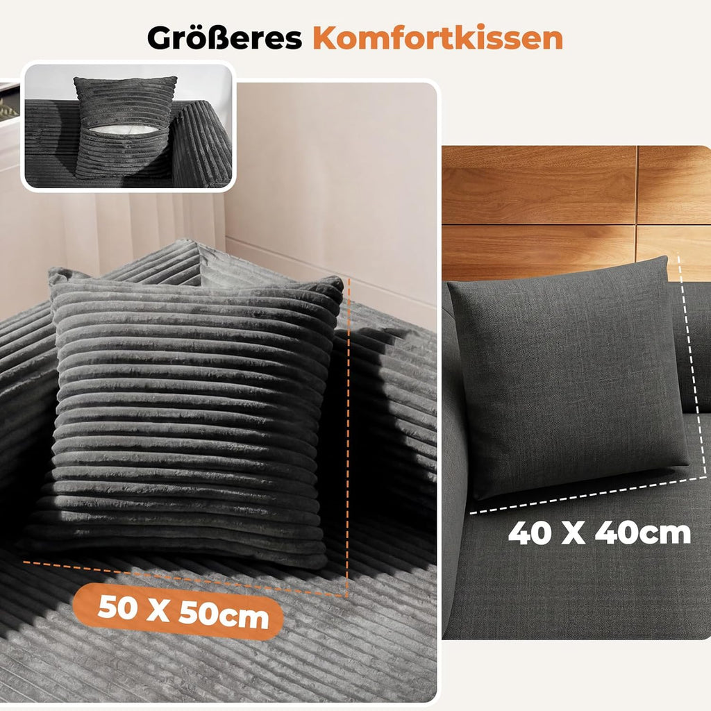 HOMRELEXA Schlafsofa 200cm Breit, Boneless Couch, Bodensofa Bed mit Hohe Rückenlehne, Abnehmbare Integrierte Kopf- und Lendenstütze, 2 Zierkissen, Seitentasche, Cord Sofa mit schlaffunktion, Grau | Hohe Rückenlehne, 2 Zierkissen, Abnehmbare Armlehnen