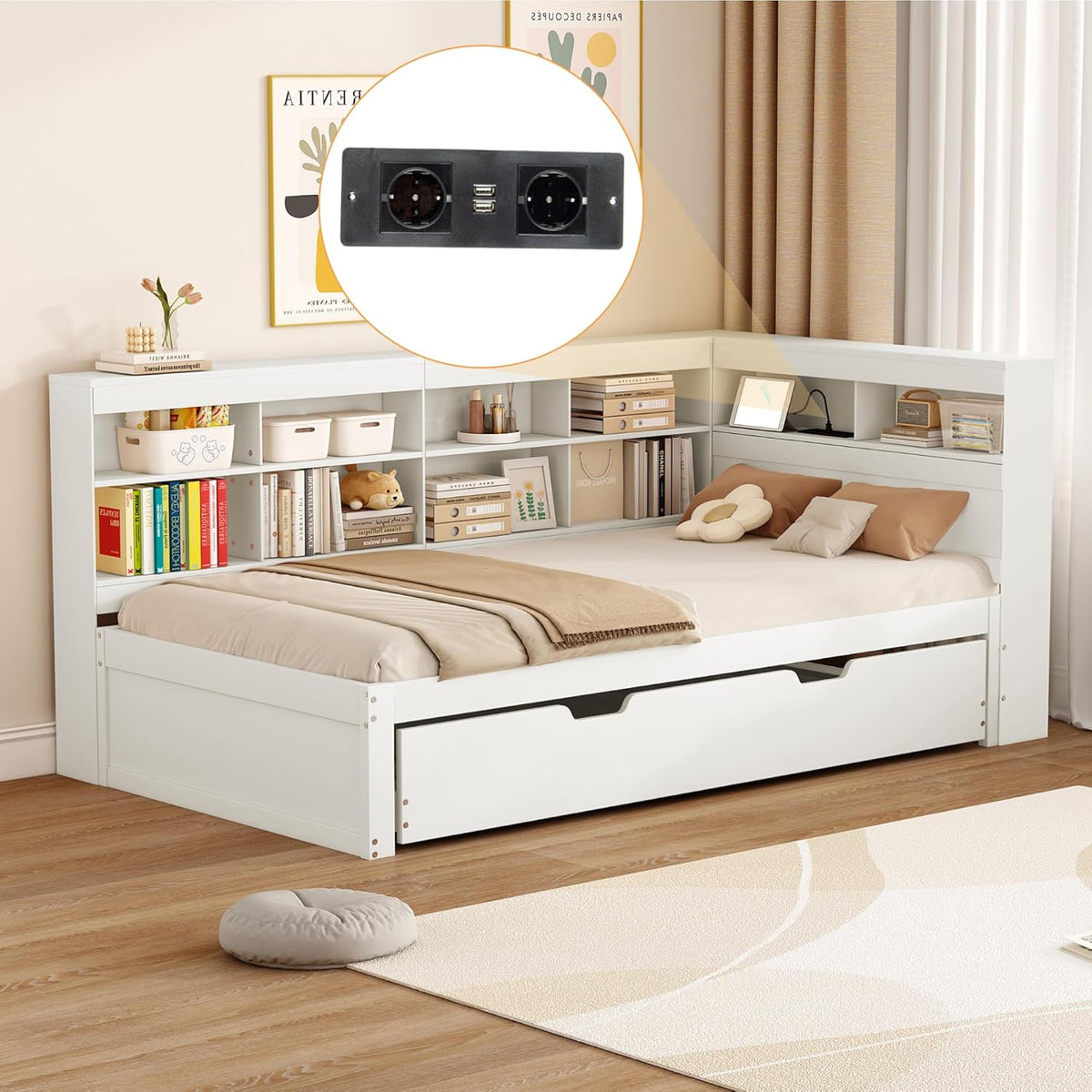 Plattformbett mit Ausziehbett 90x200cm(90x190cm), Ausziehbares Schlafsofa Tagesbett mit Bücherregal & USB Ladefunktion, Multifunktionsbett Gästebett Daybett Kinderbett Jugendbett, Ohne Matratze, Weiß