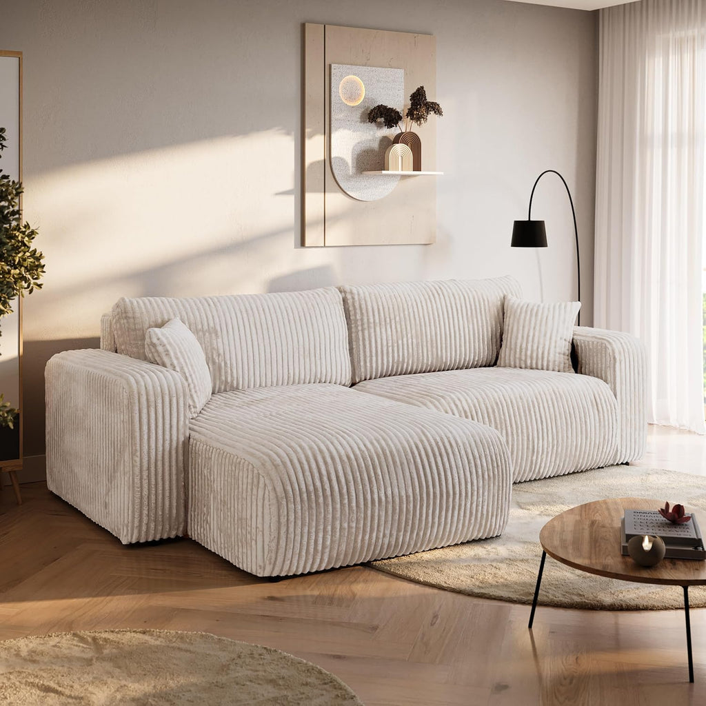 BROMARKT Ecksofa mit Schlaffunktion Creme Couch L-Form Cordstoff Sofa mit Bettkasten Wohnzimmer Schlafcouch Schlafsofa mit Stauraum Eckcouch 3 Sitzer Wohnlandschaft 244x148x82 cm TILIO