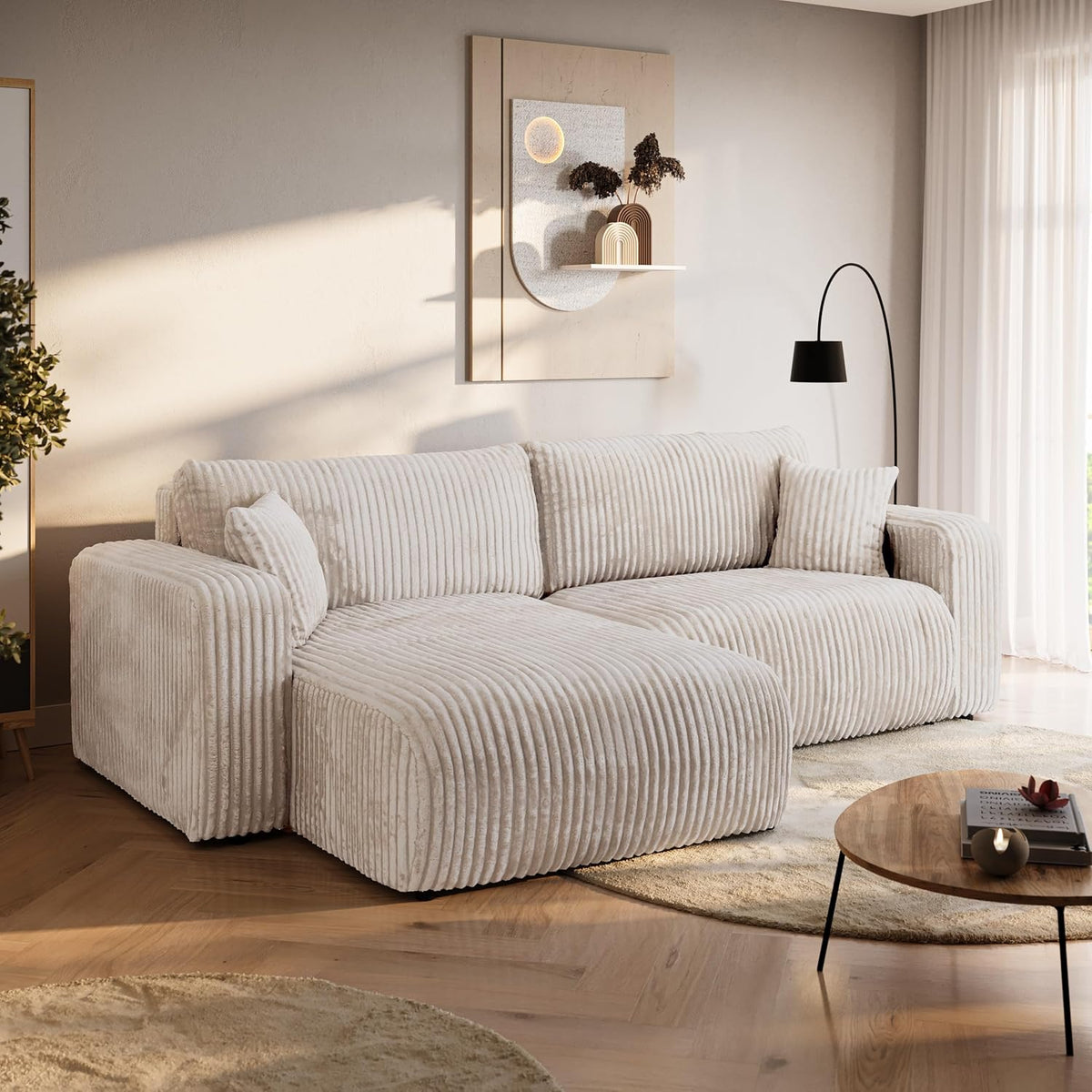 BROMARKT Ecksofa mit Schlaffunktion Creme Couch L-Form Cordstoff Sofa mit Bettkasten Wohnzimmer Schlafcouch Schlafsofa mit Stauraum Eckcouch 3 Sitzer Wohnlandschaft 244x148x82 cm TILIO