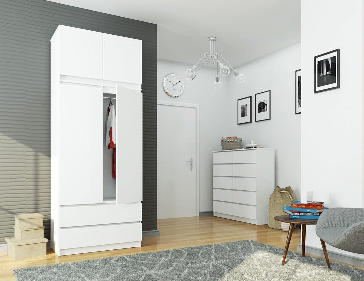 BDW Kleiderschrank mit 4 Türen, 4 Einlegeböden, Kleiderbügel, 2 Schubladen - Aufbewahrungsschrank - Moderner Schrank für das Schlafzimmer Wohnzimmer Diele - 234x90x51cm - Weiß