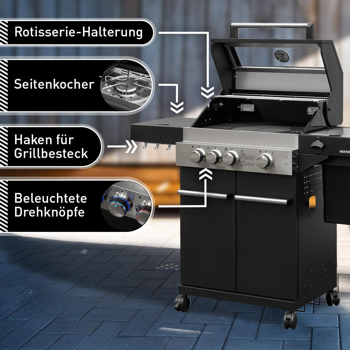Gasgrill Hektor 3B-S Edelstahl Gasgrillstation 3 Brenner, Infrarot Sear-Brenner, Gusseisen-Grillrost, Seitenkocher und Kochplatte Inkl. Abdeckhaube für Garten, Terrasse