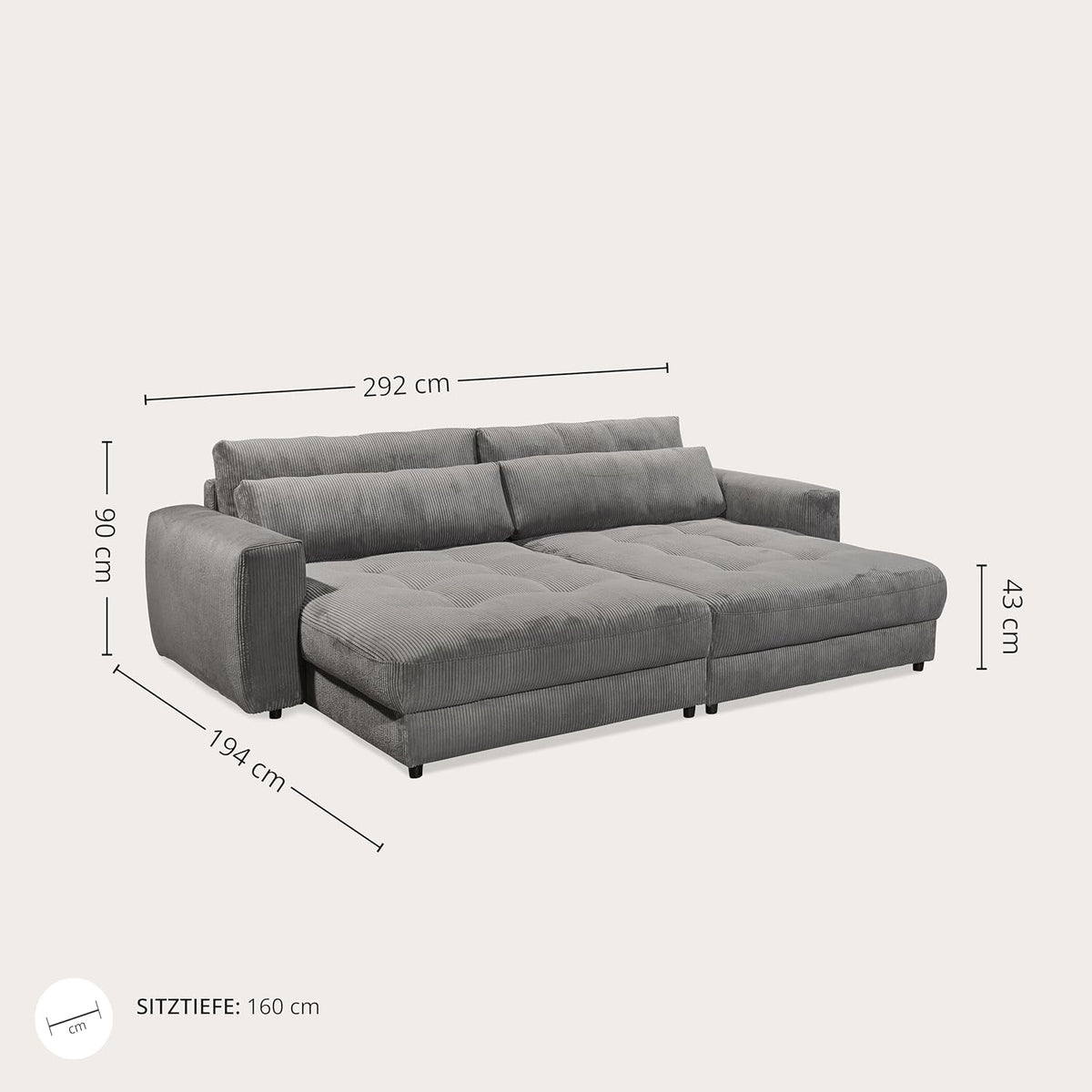 Big Sofa BARURA Cord dunkelgrau – XXL Couch mit großer Liegefläche, modernes Sofa 292x194 cm inklusive Nierenkissen