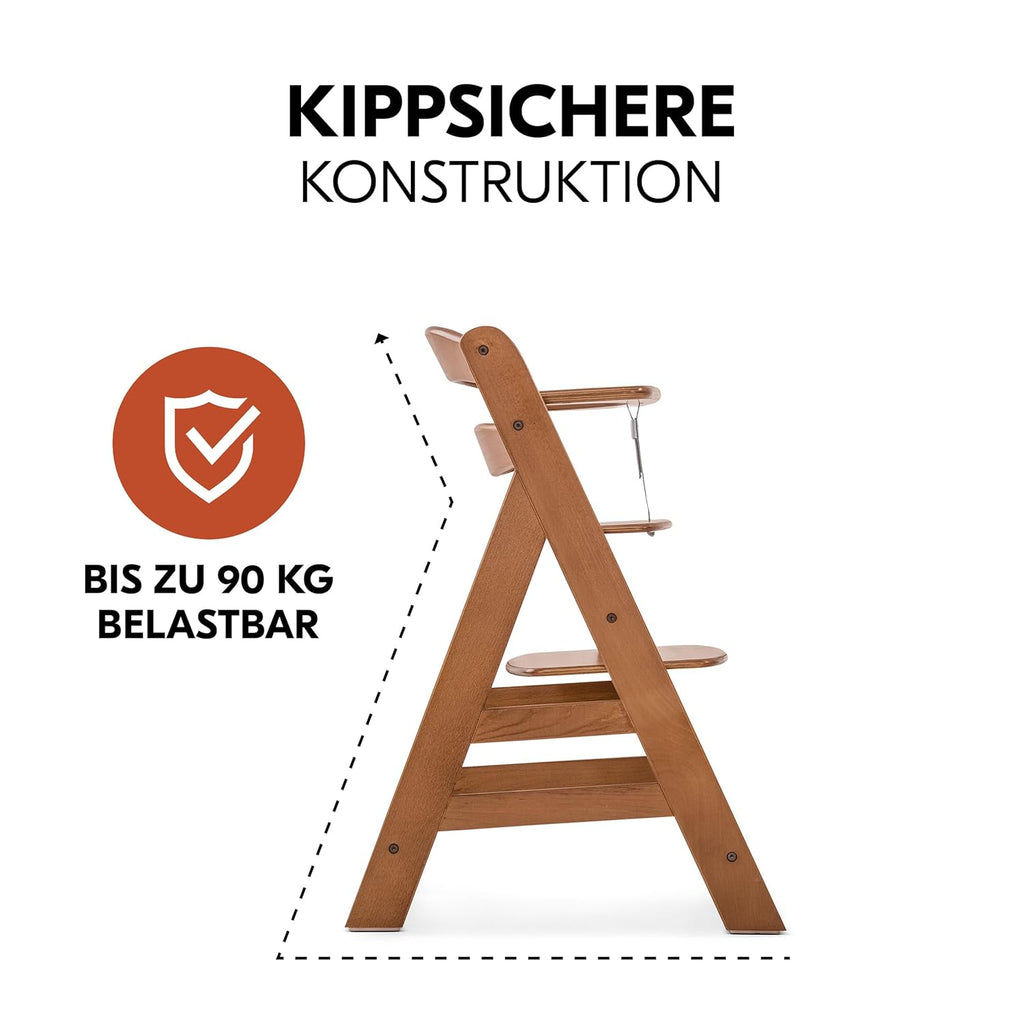 hauck Alpha+ Newborn Set mit Premium Bouncer Dark Grey - Baby Holz Hochstuhl ab Geburt mit Liegefunktion - extra flacher Aufsatz für Neugeborene & Sitzpolster - Walnuss