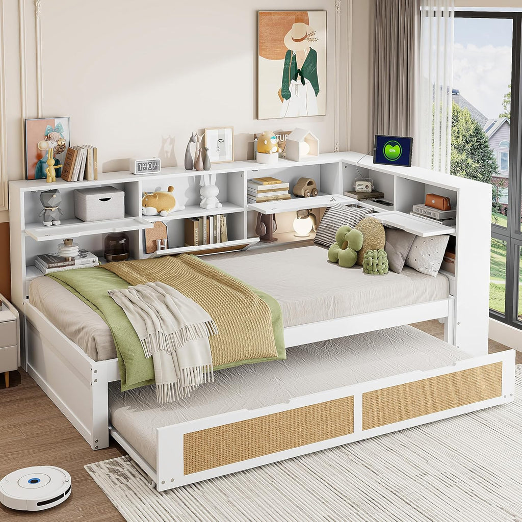 Tagesbett Schlafsofa 90x200, Holz Multifunktionsbett mit Ausziehbett 90x190 cm, USB-Steckdose und vielen Staufächern, Einzelbett Massivholzbett Kinderbett Daybett mit Lattenrost, Ohne Matratze, Weiß