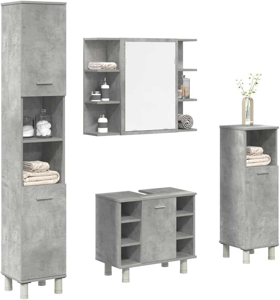 4-TLG. Badmöbel-Set Betongrau Holzwerkstoff,Badmöbelset, Badezimmerschrank, Unterschrank Bad, Badmöbel, Unterschrank Badezimme