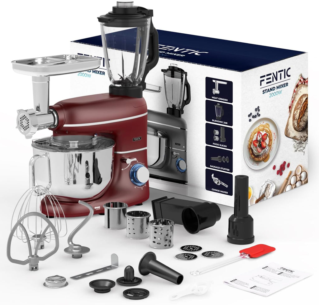 6-in-1 Küchenmaschine – 2000W – Mit Fleischwolf, 1,5L Entsafter, Gemüseschneider und Mehr – Knetmaschine mit 6,2L Rührschüssel, Rührhaken, Knethaken, Schlagbesen und Spritzschutz (Rot)