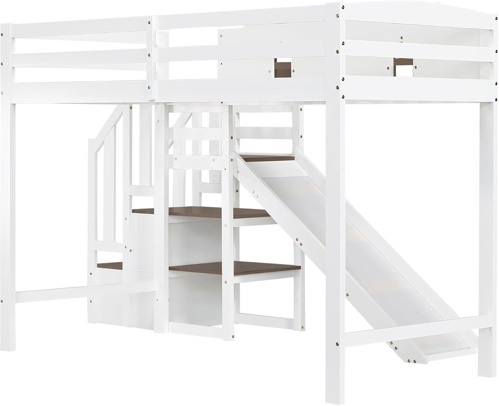 Etagenbett 90x200 cm, Kinderbett Mit Rutsche, Stauraumbett mit 2 Schließfächer in der Treppe, Mit Offenes Regal, mit Fenster, Rausfallschutz Geländer, Kiefer, Weiß+Braun (Ohne Matratze)