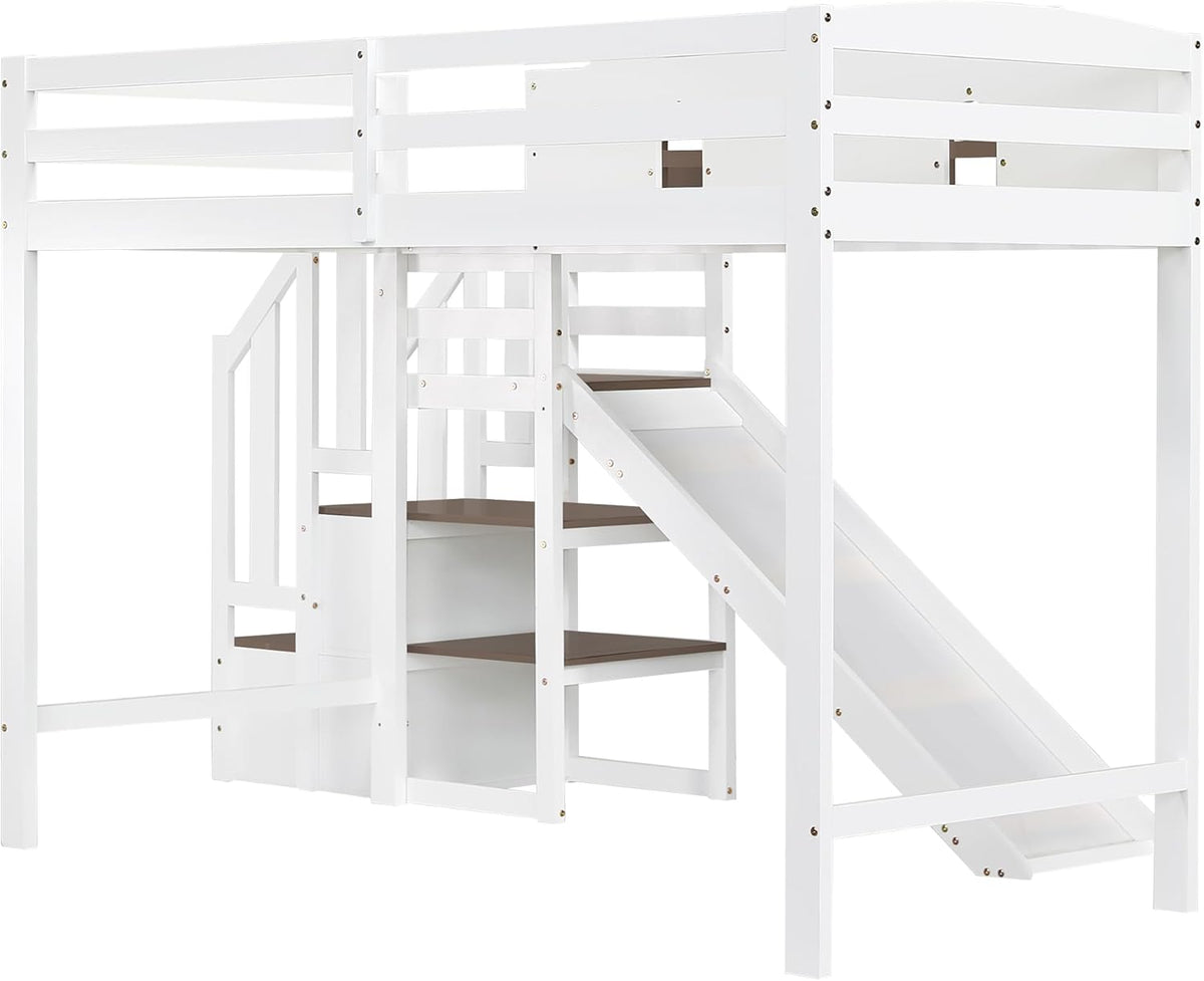 Etagenbett 90x200 cm, Kinderbett Mit Rutsche, Stauraumbett mit 2 Schließfächer in der Treppe, Mit Offenes Regal, mit Fenster, Rausfallschutz Geländer, Kiefer, Weiß+Braun (Ohne Matratze)