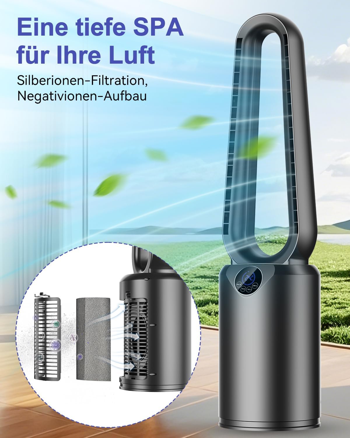 Turmventilator mit Luftreiniger & Fernbedienung | Sehr Leiser DC-Motor Ventilator | 90° oszillierende, 24 Geschwindigstufen, 3 Modi, LED-Display, 12h Timer, Standventilator für Luftzirkulation