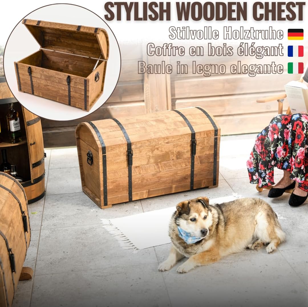 CREATIVE COOPER Holztruhe 180L – Klassischer Aufbewahrungskoffer aus geöltem Erlenholz – Vintage Design – Für Wohnzimmer, Terrasse & Garten – 80x50x50 cm