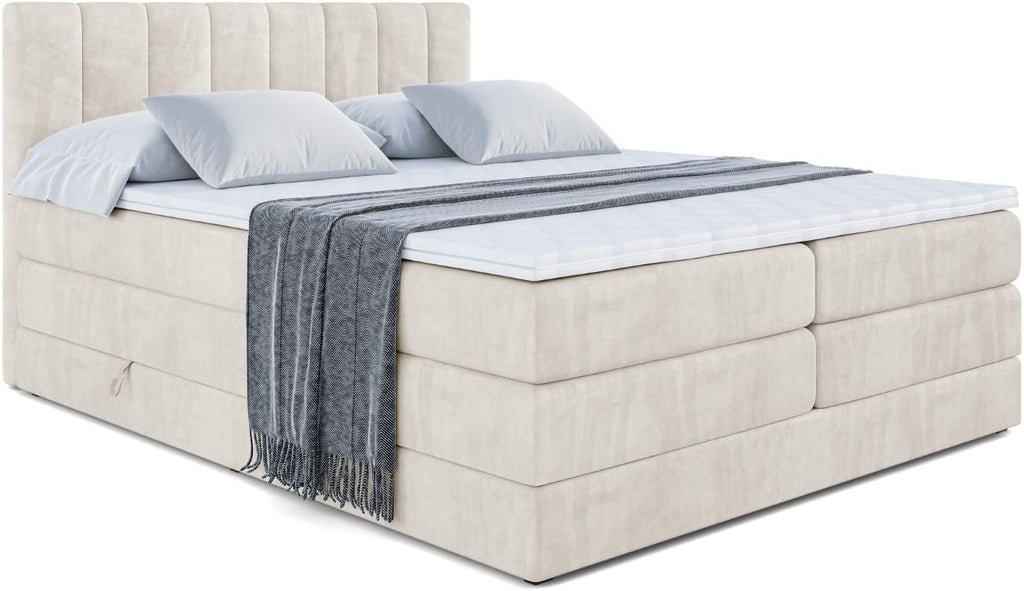 ALTDECOR Boxspringbett mit Matratze und Lattenrost, Topper, Polsterbett mit Bettkasten, Bett mit Stauraum H3- und H4- Matratze, Doppelbett, Springboxbett - OTTA King - 180x200 - Beige Samt