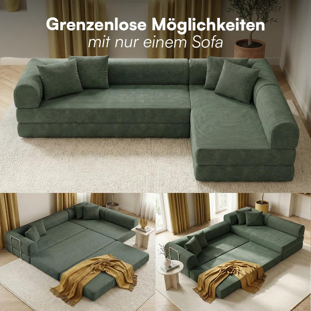 skølm Lofn Ecksofa 4 Sitzer – Wohnlandschaft L-Form Cord – Klappsofa 300cm breit Dunkelgrün – ausklappbar zum Schlafsofa, Bodensofa – Vollschaum Sofa mit 4 Kissen & Stahlgestell – Cloud Couch boneless | ohne Aufbau