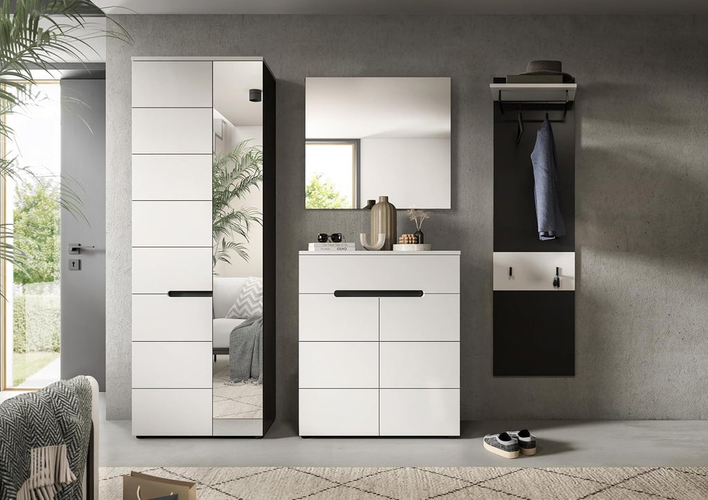 xonox.home - Garderobenkombination Canu 4tlg. 220x190x37 cm in Korpus Basalt grau Nb., Front weiß Nb. - Garderobenschrank Garderobenmöbel Flurmöbel-Set Flursystem Stauraumlösung