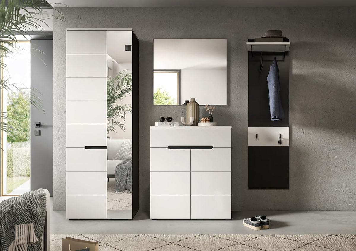 xonox.home - Garderobenkombination Canu 4tlg. 220x190x37 cm in Korpus Basalt grau Nb., Front weiß Nb. - Garderobenschrank Garderobenmöbel Flurmöbel-Set Flursystem Stauraumlösung