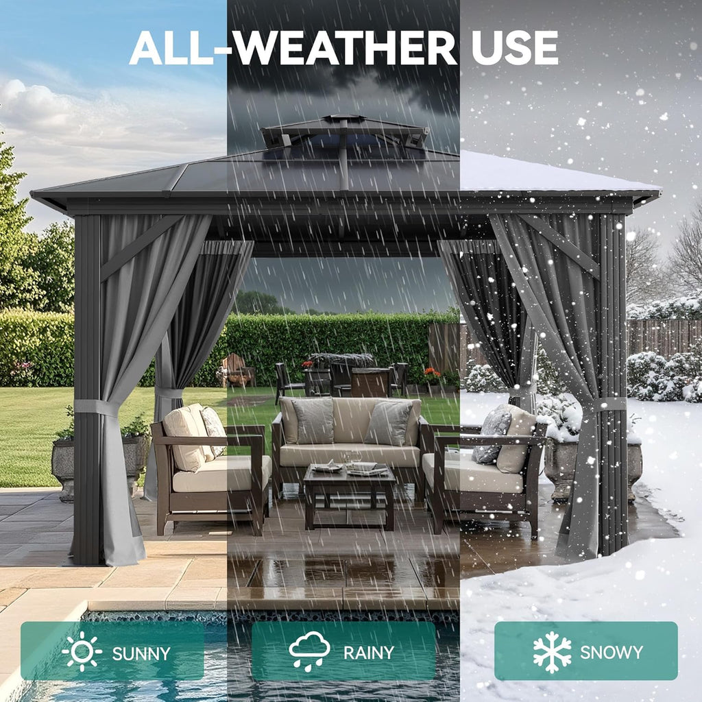YITAHOME 3 x 3m Wasserdicht Polycarbonat Dach Pavillon mit Doppeldach,Netz und schattigen Vorhängen,Aluminium-Rahmen, Gartenzelt für Terrasse, Hinterhof, Deck und Rasen