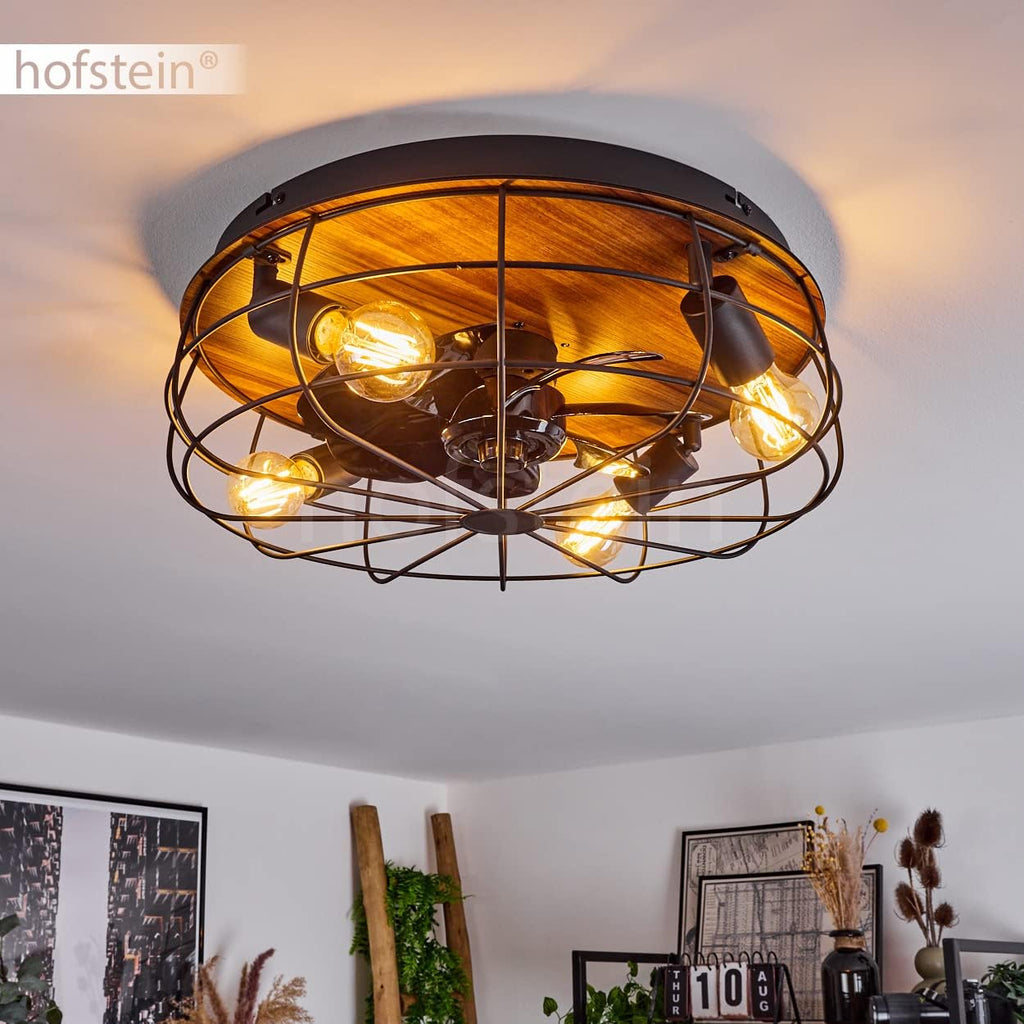 Deckenventilator Moscavide, Ventilator aus Metall/Kunststoff in Schwarz/Holzoptik/Braun mit Fernbedienung, Deckenleuchte mit schwenkbaren Spots, 4-flammig, 4 x E27 max. 10 Watt IP20